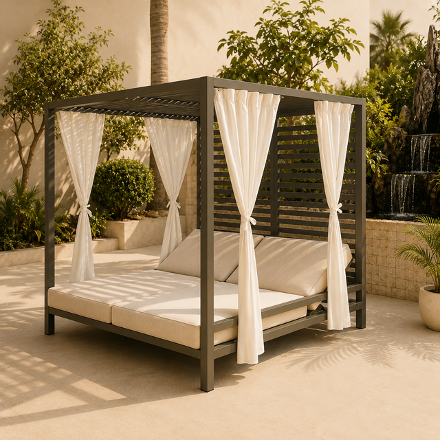 Contemporary Garden Furniture Outdoor Aluminum Frame Daybed Poolside Double Size Sunbed With White Curtain For Hotel Beach
