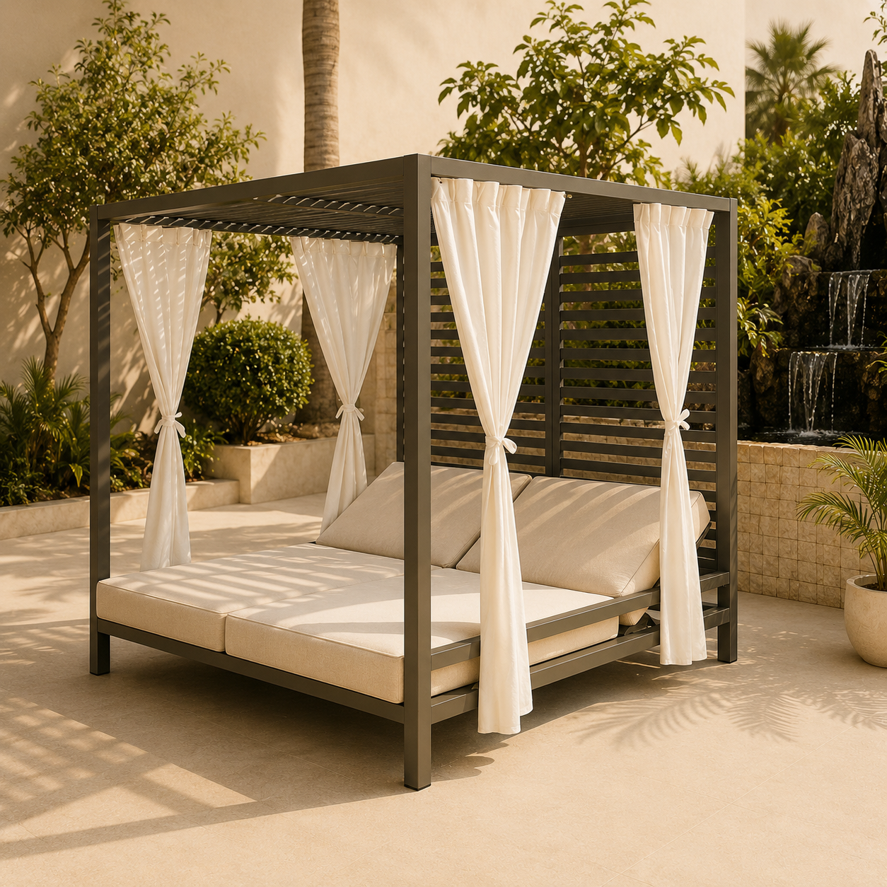 Contemporary Garden Furniture Outdoor Aluminum Frame Daybed Poolside Double Size Sunbed With White Curtain For Hotel Beach