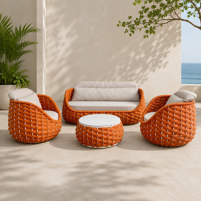 Modern Organge Rope Weaved Round Shape Outdoor Sofa Set for Courtyard