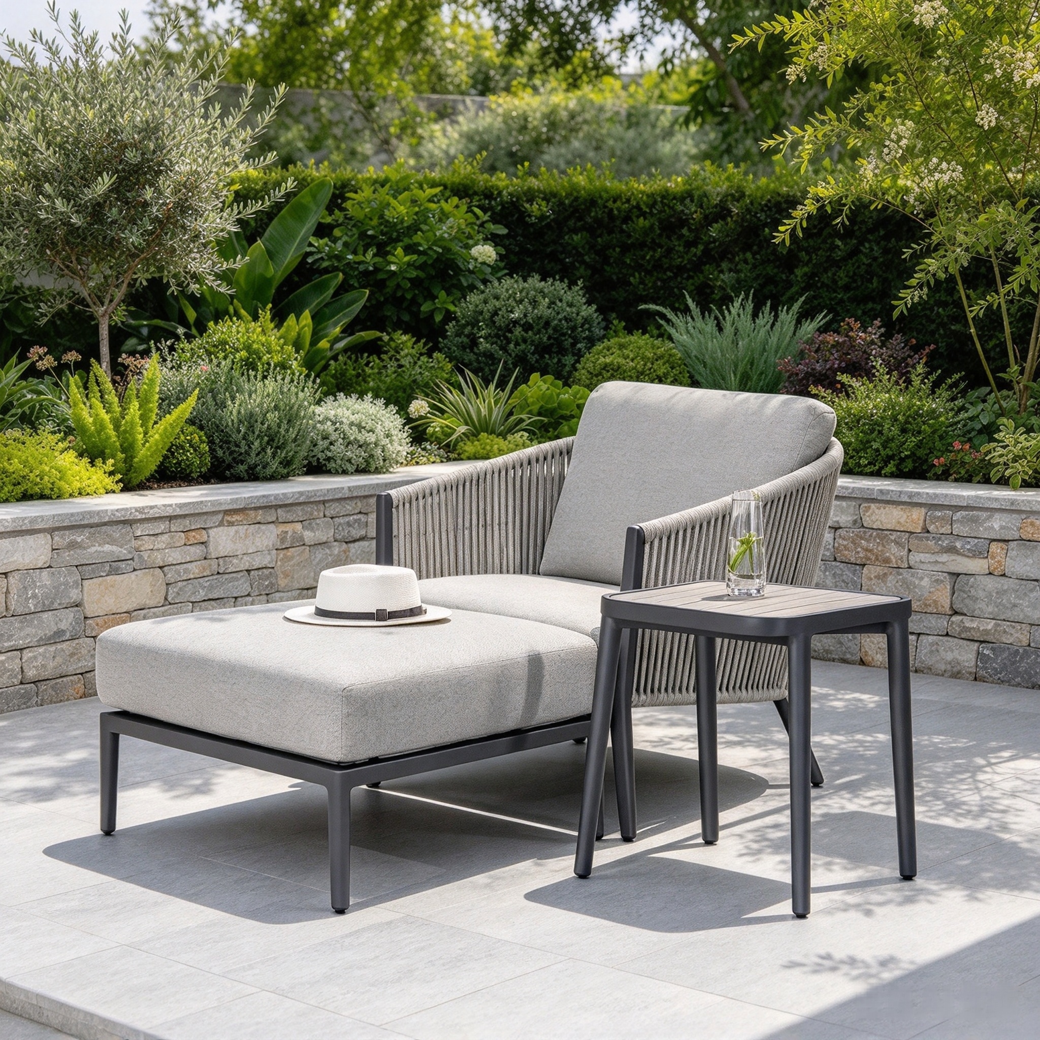 Courtyard Aluminum Furniture Leisure Chair With Ottoman Waterproof Farbic Single Chair Rope Lounge Chair