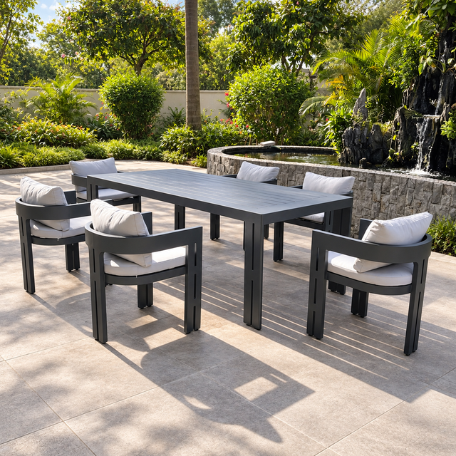 Contemporary Outdoor Furniture Powder Coated Aluminum Frame Dining Chair with Rectangle Table Patio 6+1 Dining Set for Garden Restaurant
